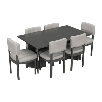 Dining table set with six upholstered chairs, dark table with light gray fabric seating on Tampa Home & Garden Store