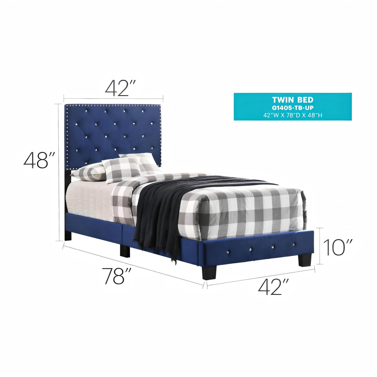 Luxurious Upholstered Bed with navy tufted headboard and nailhead trim, HouseOfZazla twin bed on Tampa Home & Garden Store