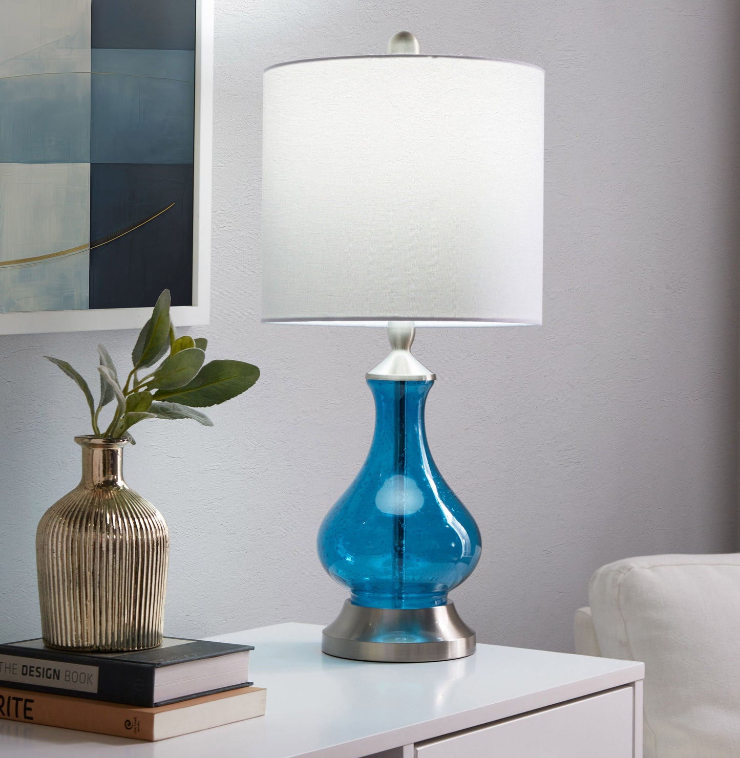 Jasmine table lamp by HouseOfZazla - sapphire blue seeded glass base, white shade; two vases on Tampa Home & Garden Store