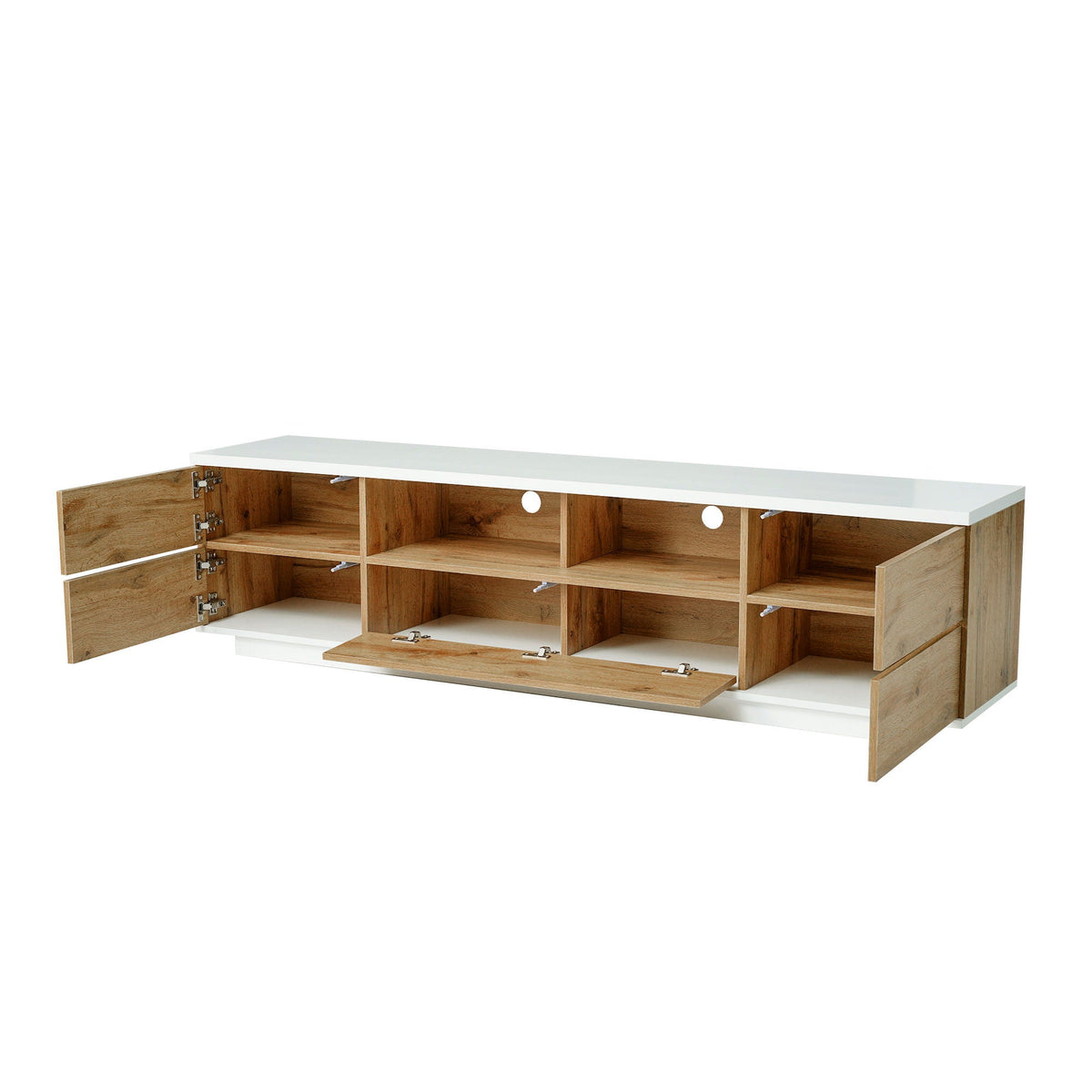 TV stand with cable management and deep drawers in brown wood on Tampa Home & Garden Store