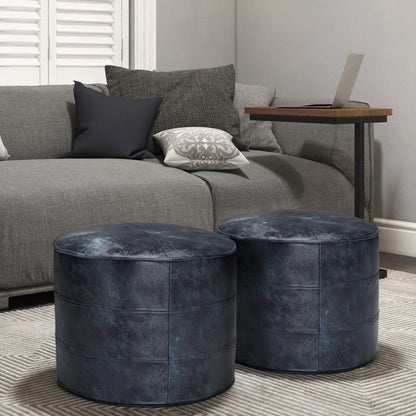 Connor handcrafted round pouf set of 3 in navy faux-leather for accent seating on Tampa Home & Garden Store