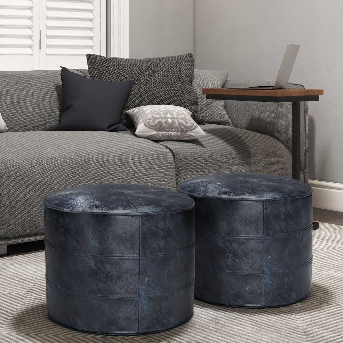 Handcrafted round poufs in distressed blue leather; set of 3 by HouseOfZazla on Tampa Home & Garden Store