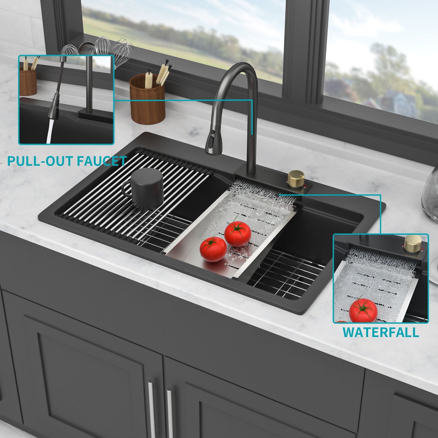 Brushed Waterfall Sink with Faucet and Cup Washer
