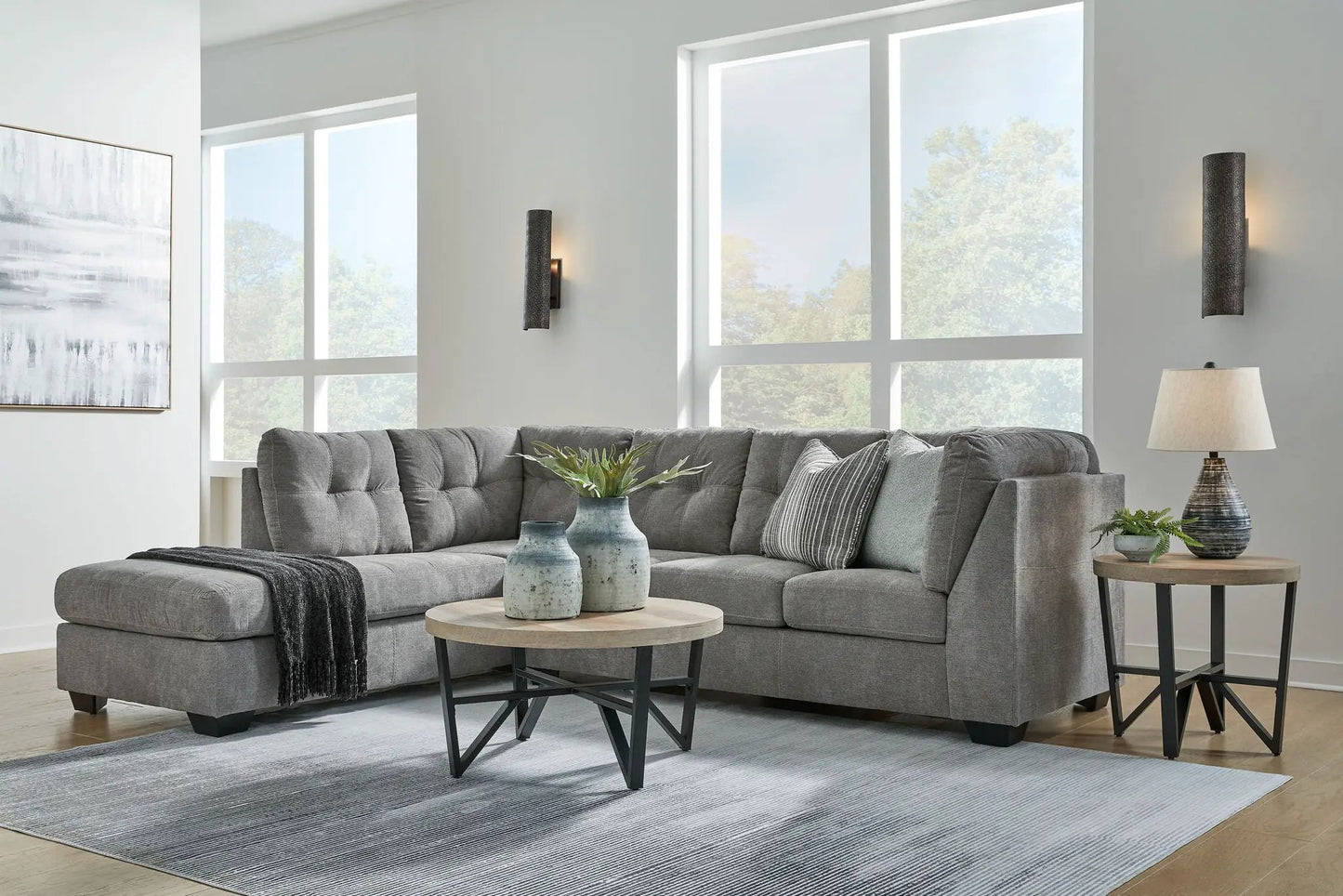 Marleton Sectional L-shaped in grey fabric with tufted cushions by Unique Piece Furniture on Tampa Home & Garden Store