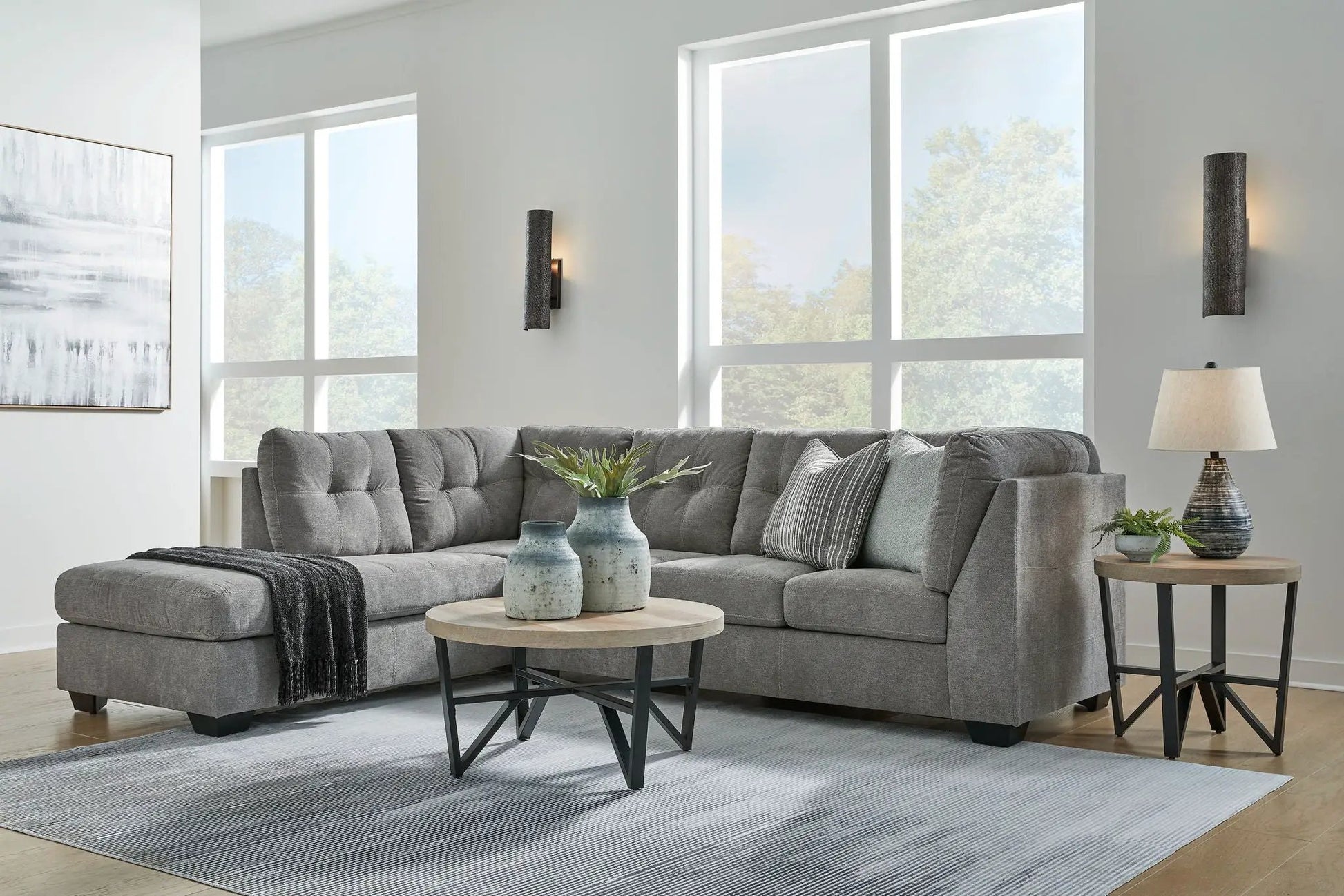 Marleton Sectional L-shaped in grey fabric with tufted cushions by Unique Piece Furniture on Tampa Home & Garden Store