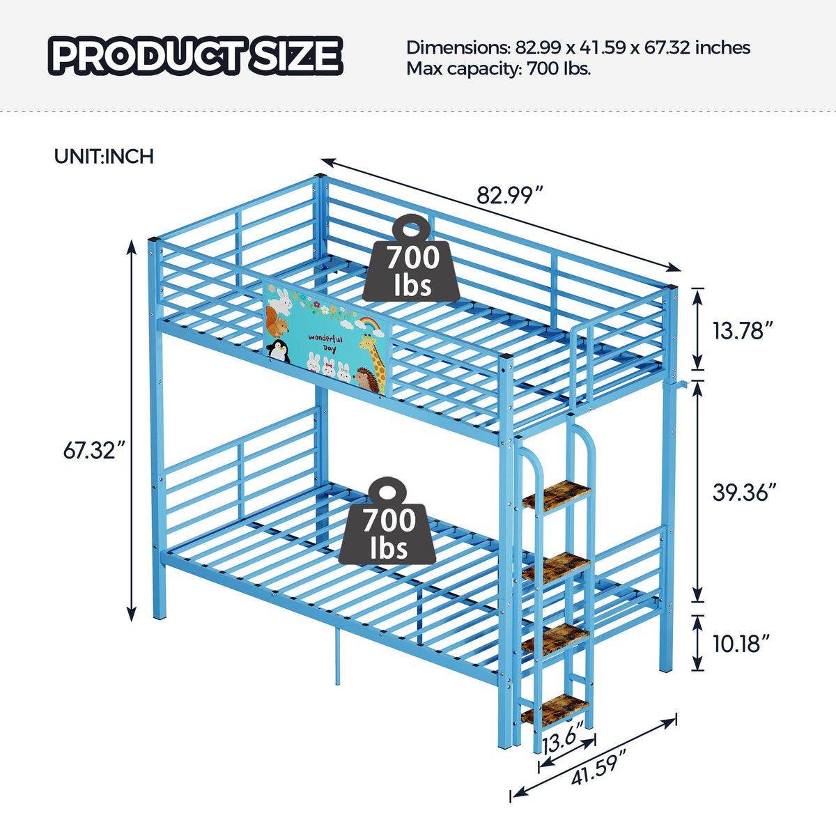Blue HouseOfZazla bunk bed with ladder and full-length guardrails, convertible to two twin beds on Tampa Home & Garden Store