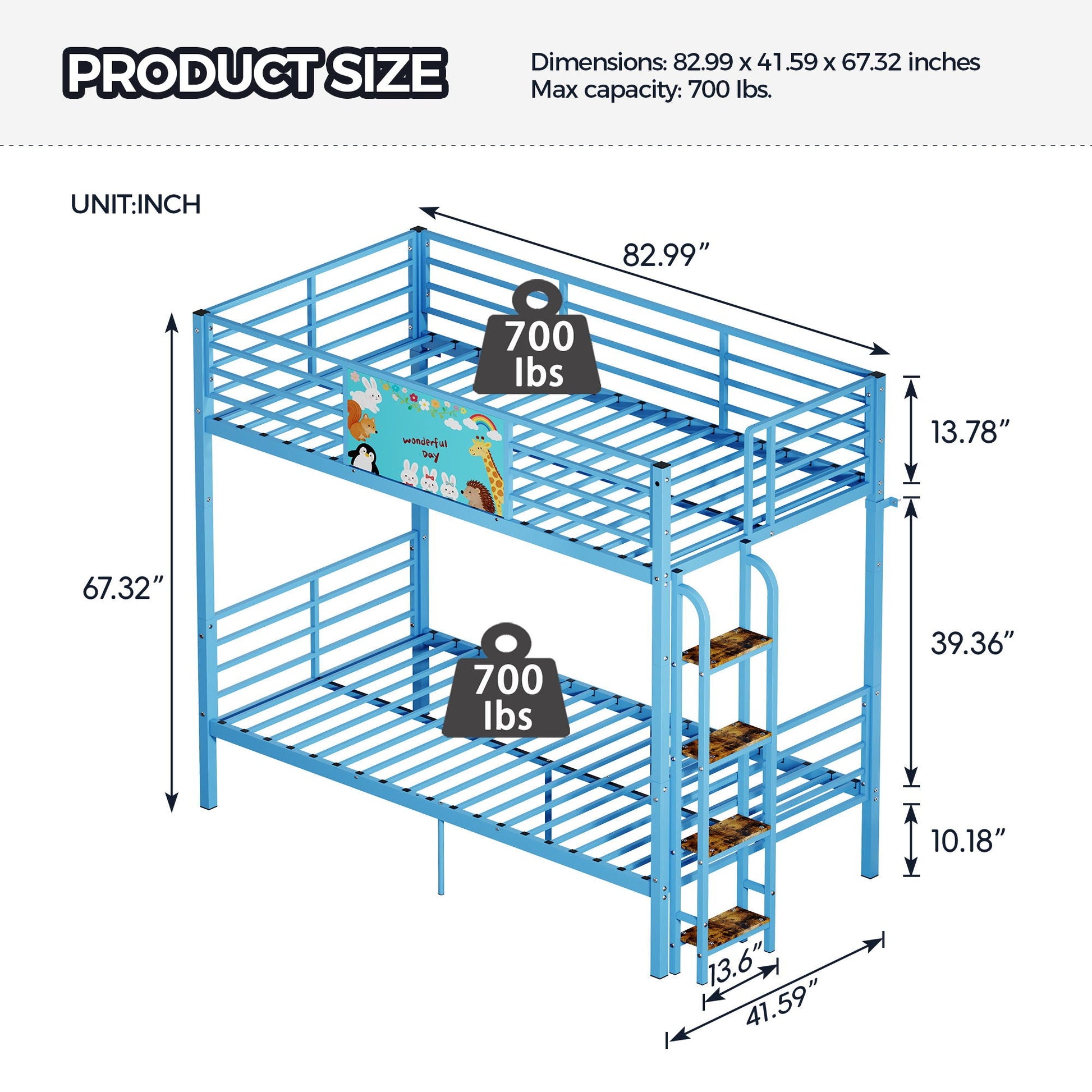 Blue HouseOfZazla bunk bed with ladder and full-length guardrails, convertible to two twin beds on Tampa Home & Garden Store