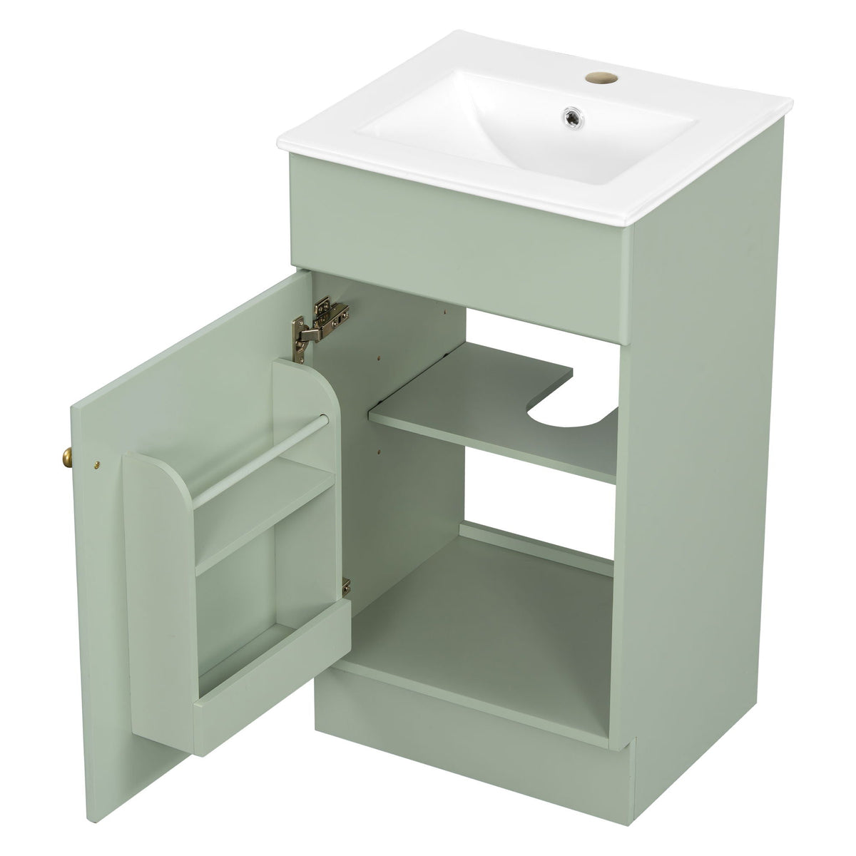 Bathroom vanity with sink in sage green by HouseOfZazla; adjustable shelf with doors on Tampa Home & Garden Store