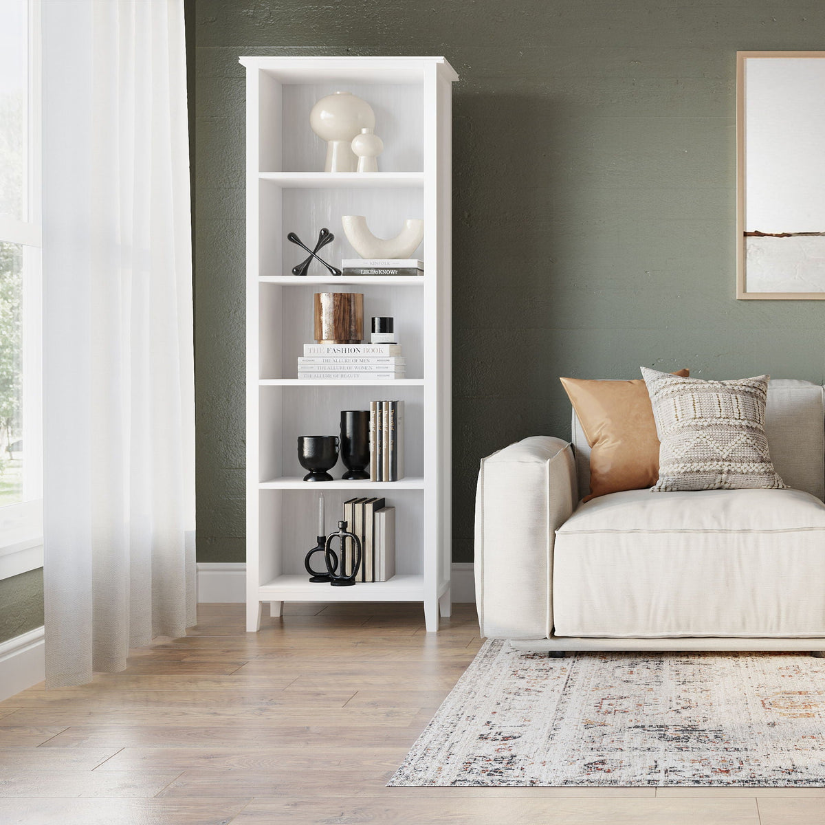 White five-shelf bookcase with decorative items on Tampa Home & Garden Store