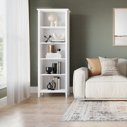 White five-shelf bookcase with decorative items on Tampa Home & Garden Store