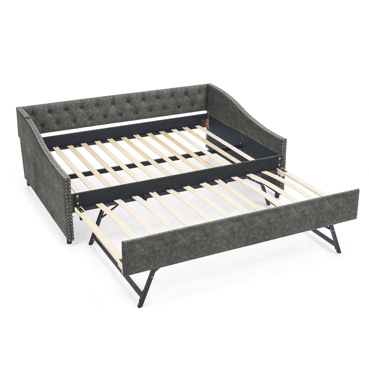 HouseOfZazla upholstered grey daybed with USB charging, tufted sides, pull-out slatted trundle on Tampa Home & Garden Store