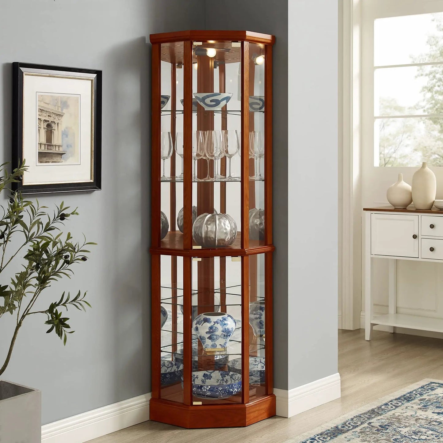 6 shelf lit corner curio cabinet with adjustable tempered glass shelves and mirror back on Tampa Home & Garden Store
