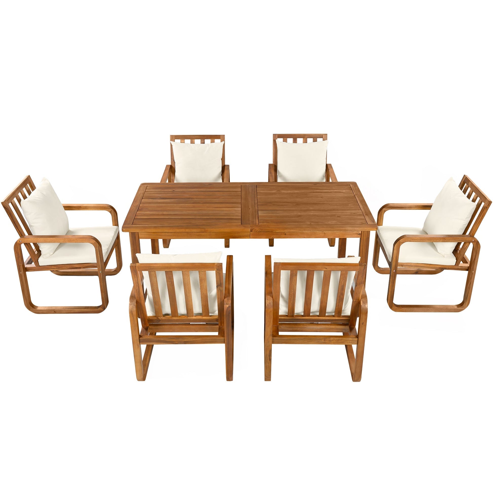 7-piece outdoor dining set teak wood table with cream cushions and six chairs on Tampa Home & Garden Store