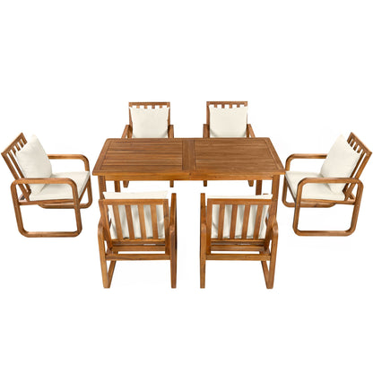 7-piece outdoor dining set teak wood table with cream cushions and six chairs on Tampa Home & Garden Store