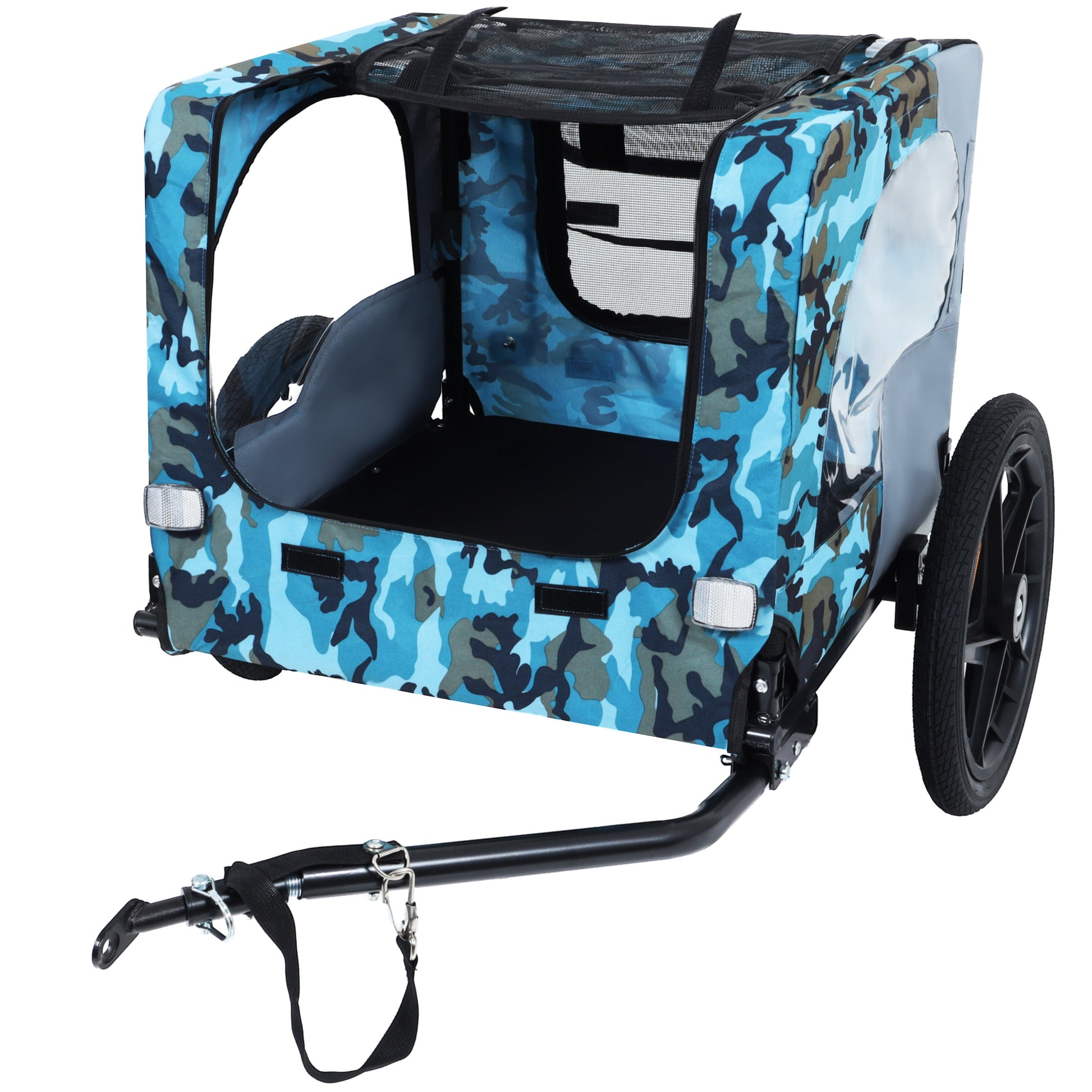 Pet bike trailer heavy duty collapsible with blue camouflage fabric and 16-inch wheels on Tampa Home & Garden Store