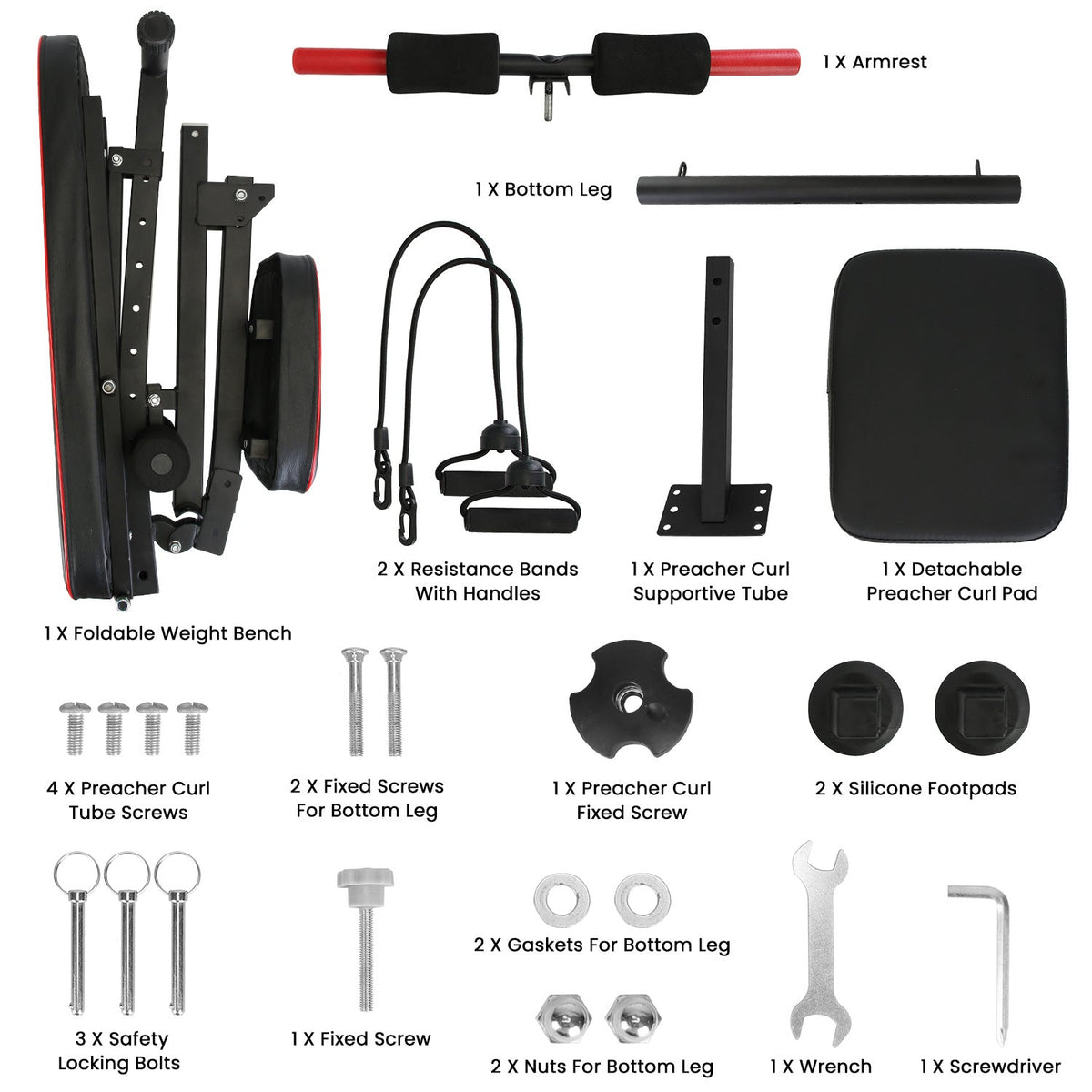 Adjustable weight bench with preacher curl pad and resistance bands, black frame with red pad on Tampa Home & Garden Store