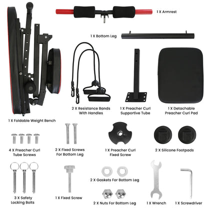 Adjustable weight bench with preacher curl pad and resistance bands, black frame with red pad on Tampa Home & Garden Store