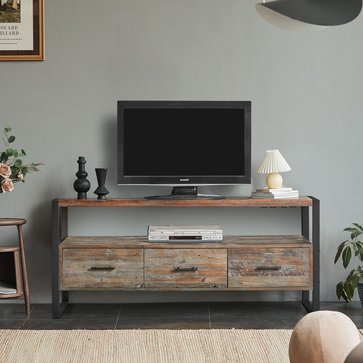 Reclaimed Wood TV Console Table with 3 Drawers Open Shelf Antique Gray HouseOfZazla on Tampa Home & Garden Store