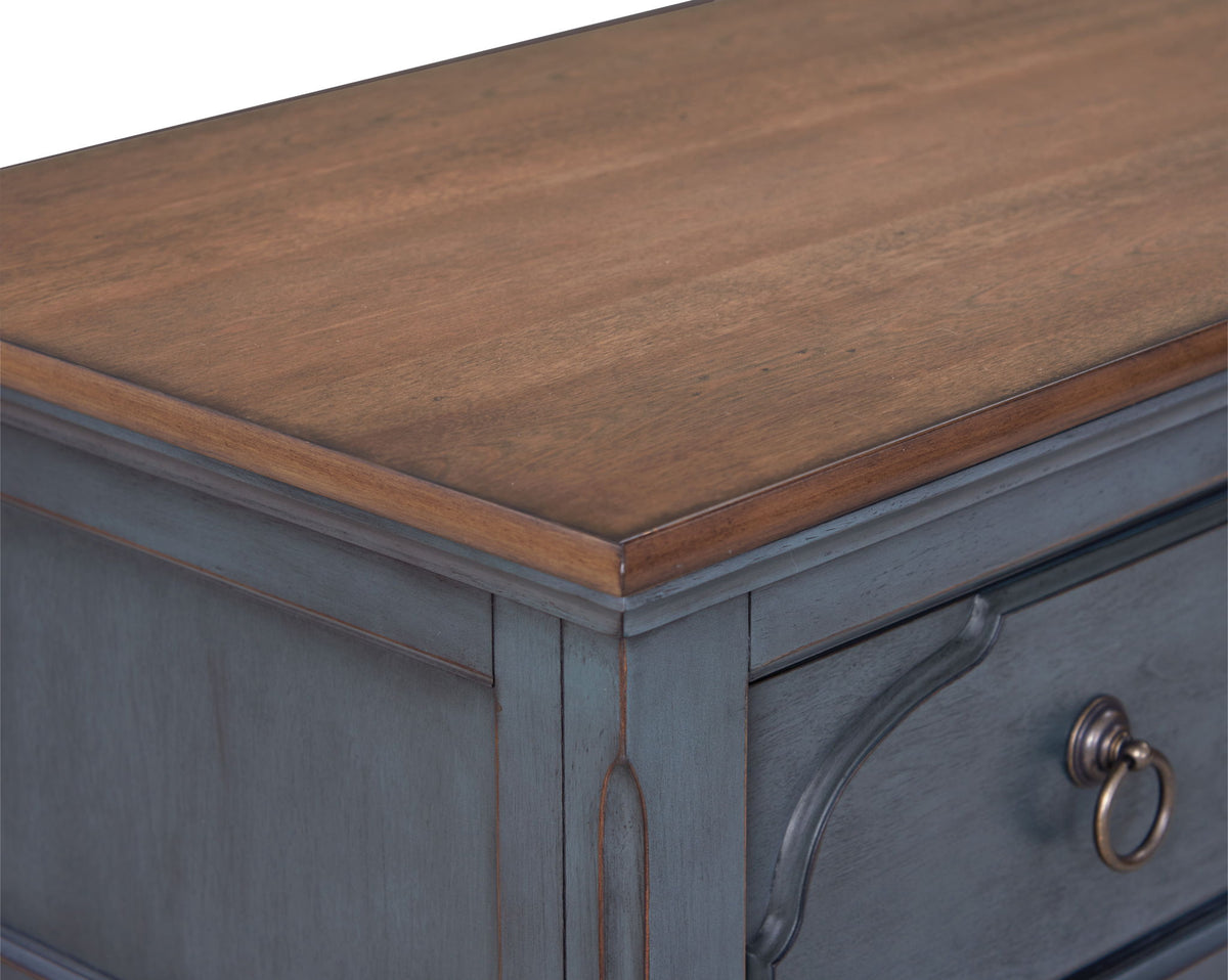 Blue accent chest by HouseOfZazla with brown wood top and metal ring pulls on Tampa Home & Garden Store