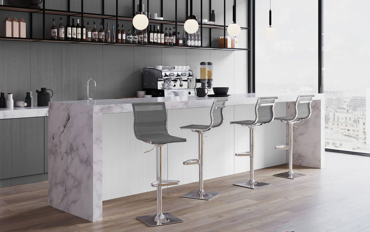 Four contemporary adjustable pearl silver barstools with swivel at marble bar island on Tampa Home & Garden Store