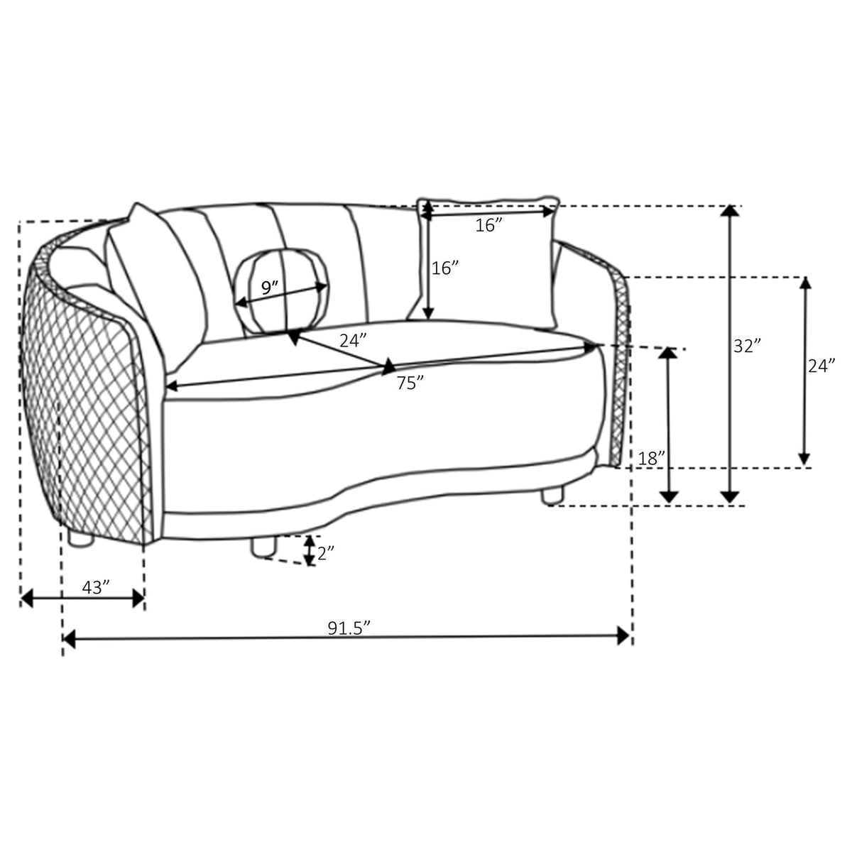 Luxe Upholstered Curved Sofa with trim and diamond quilting in dark gray; shows 91.5 in wide on Tampa Home & Garden Store