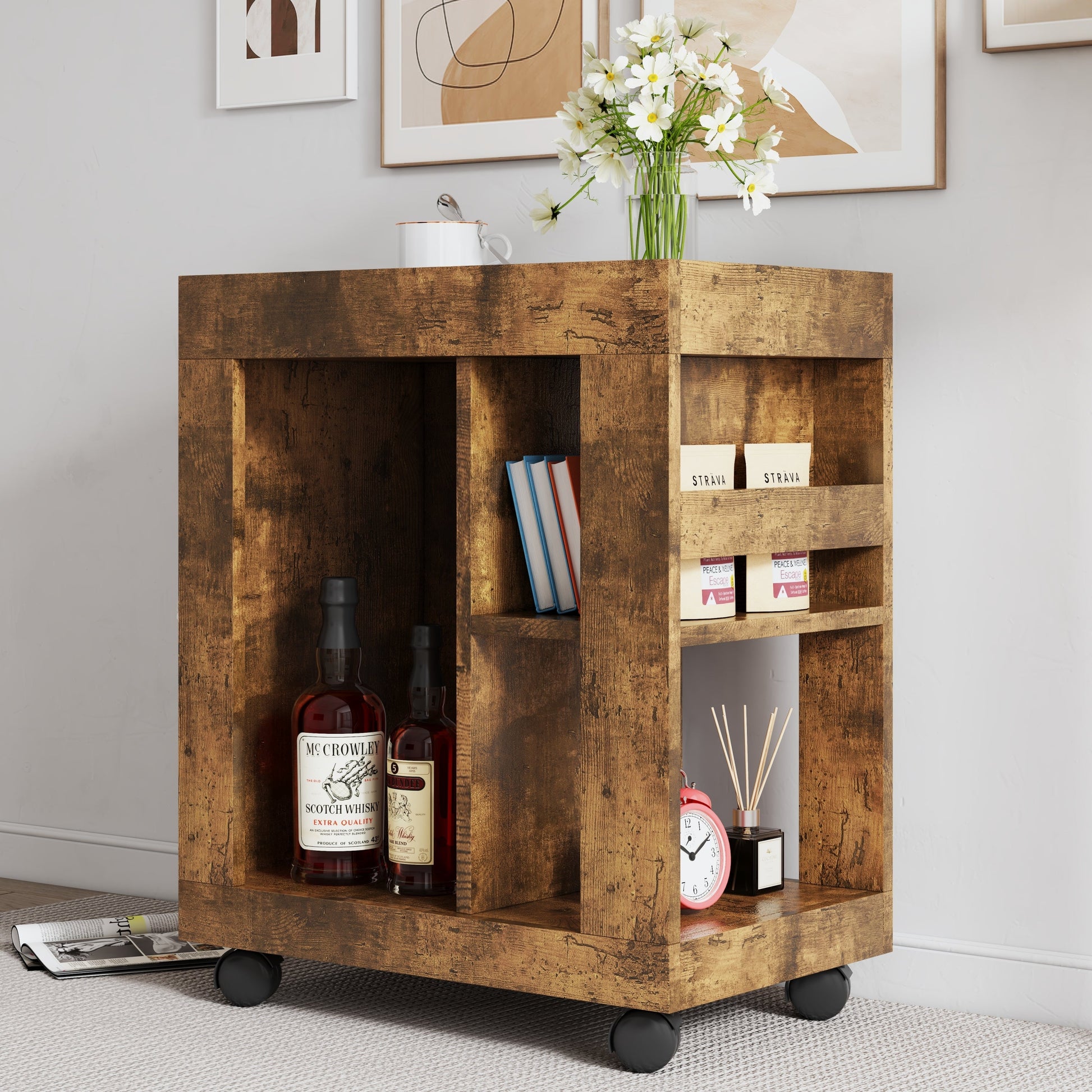 HouseOfZazla mid-century modern movable cabinet on wheels in dark rustic wood with shelves on Tampa Home & Garden Store