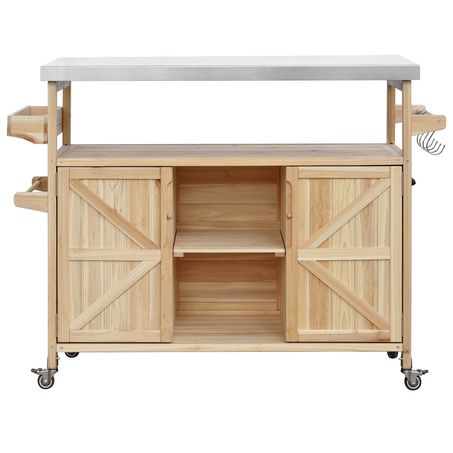 K&K Outdoor Kitchen Island rolling bar cart with stainless top and wood cabinet by HouseOfZazla on Tampa Home & Garden Store