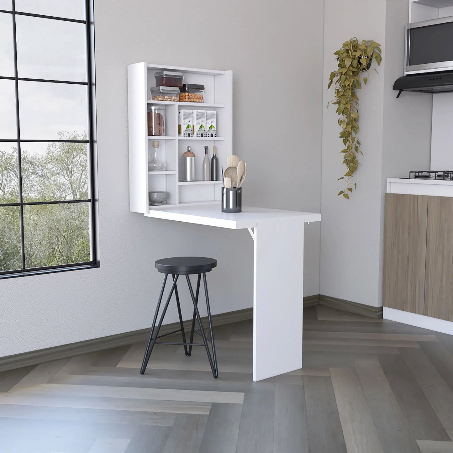 Wall Foldable Table With Multiple Shelves White