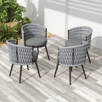 Outdoor Dining Chairs set of four, gray woven patio seating with dark gray cushions on Tampa Home & Garden Store