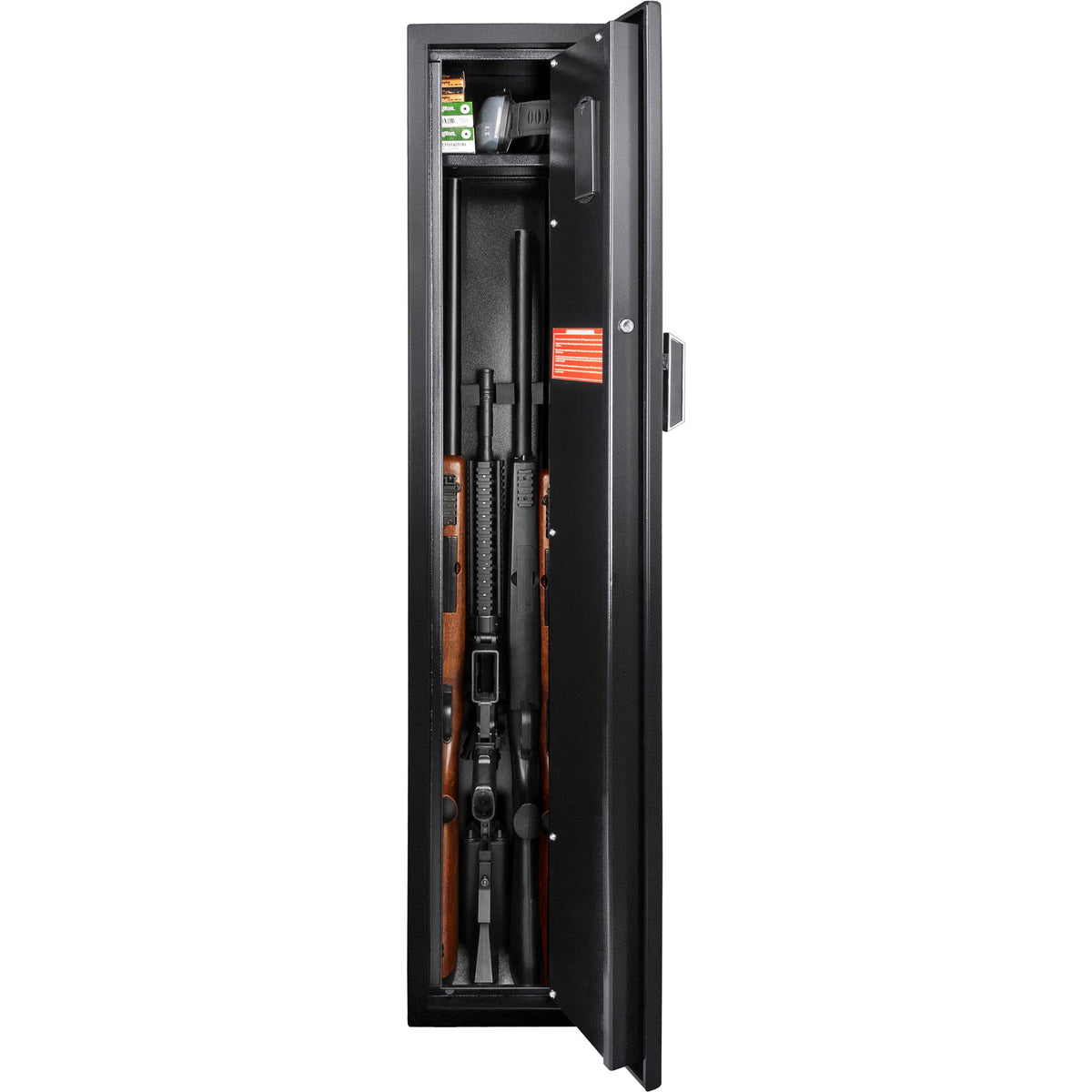 Black biometric rifle safe cabinet with electronic access, open to show rifles on racks on Tampa Home & Garden Store