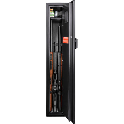 Black biometric rifle safe cabinet with electronic access, open to show rifles on racks on Tampa Home & Garden Store