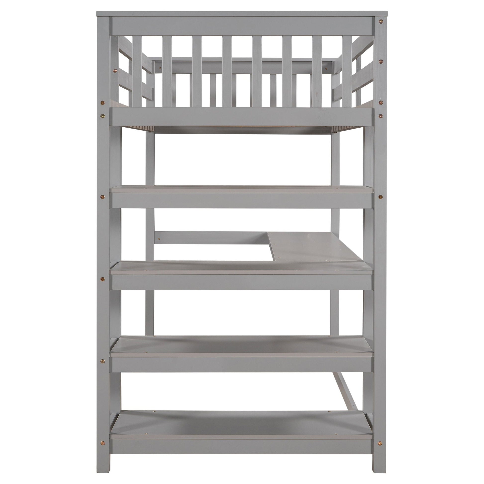 Loft Bed With Storage Shelves And Under Bed Desk gray wood frame with slat guard rails on Tampa Home & Garden Store