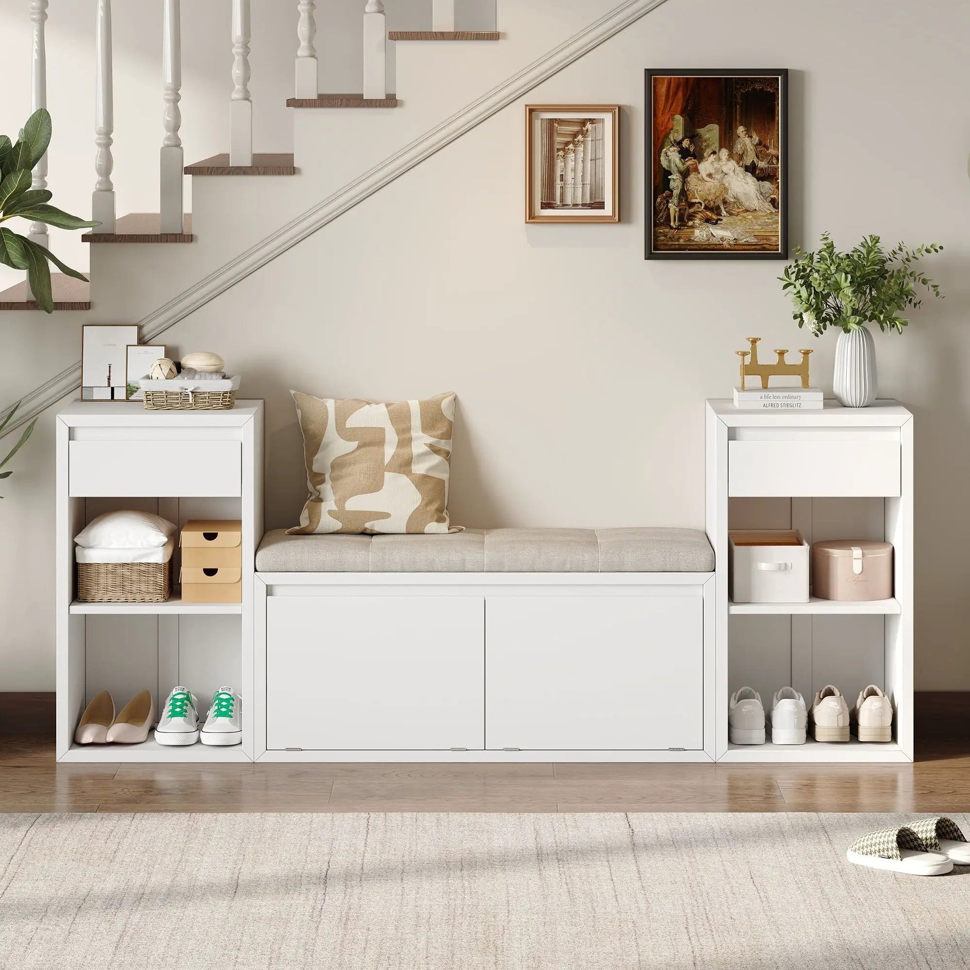 Entryway storage bench with cushion, drawers and open shelves in white by Unique Piece Furniture on Tampa Home & Garden Store