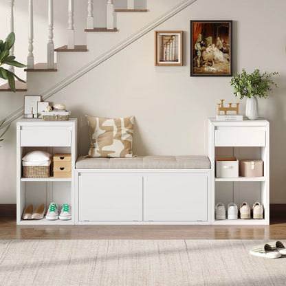 Entryway storage bench with cushion, drawers and open shelves in white by Unique Piece Furniture on Tampa Home & Garden Store