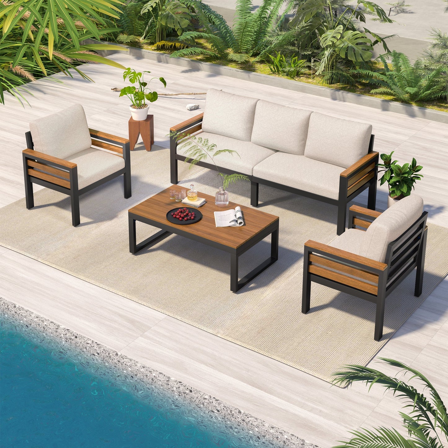 Go 4-Piece Outdoor Furniture Sofa Set beige cushions, wood/metal frame by HouseOfZazla on Tampa Home & Garden Store