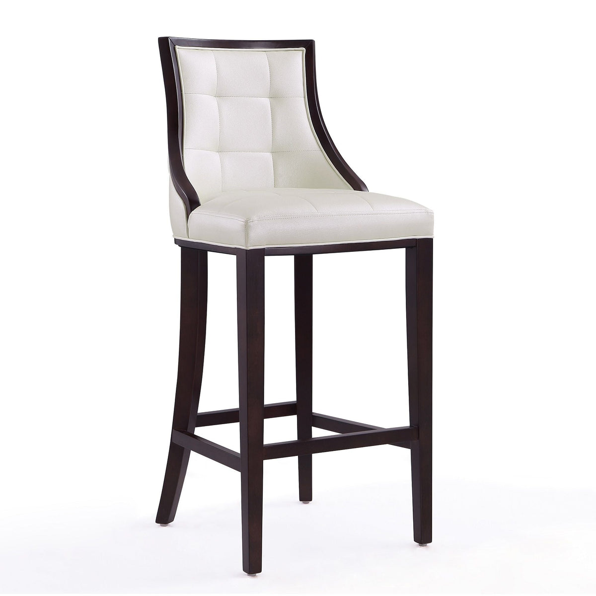 White bar-height stool with tufted white upholstery and dark solid wood frame 28–30 in on Tampa Home & Garden Store