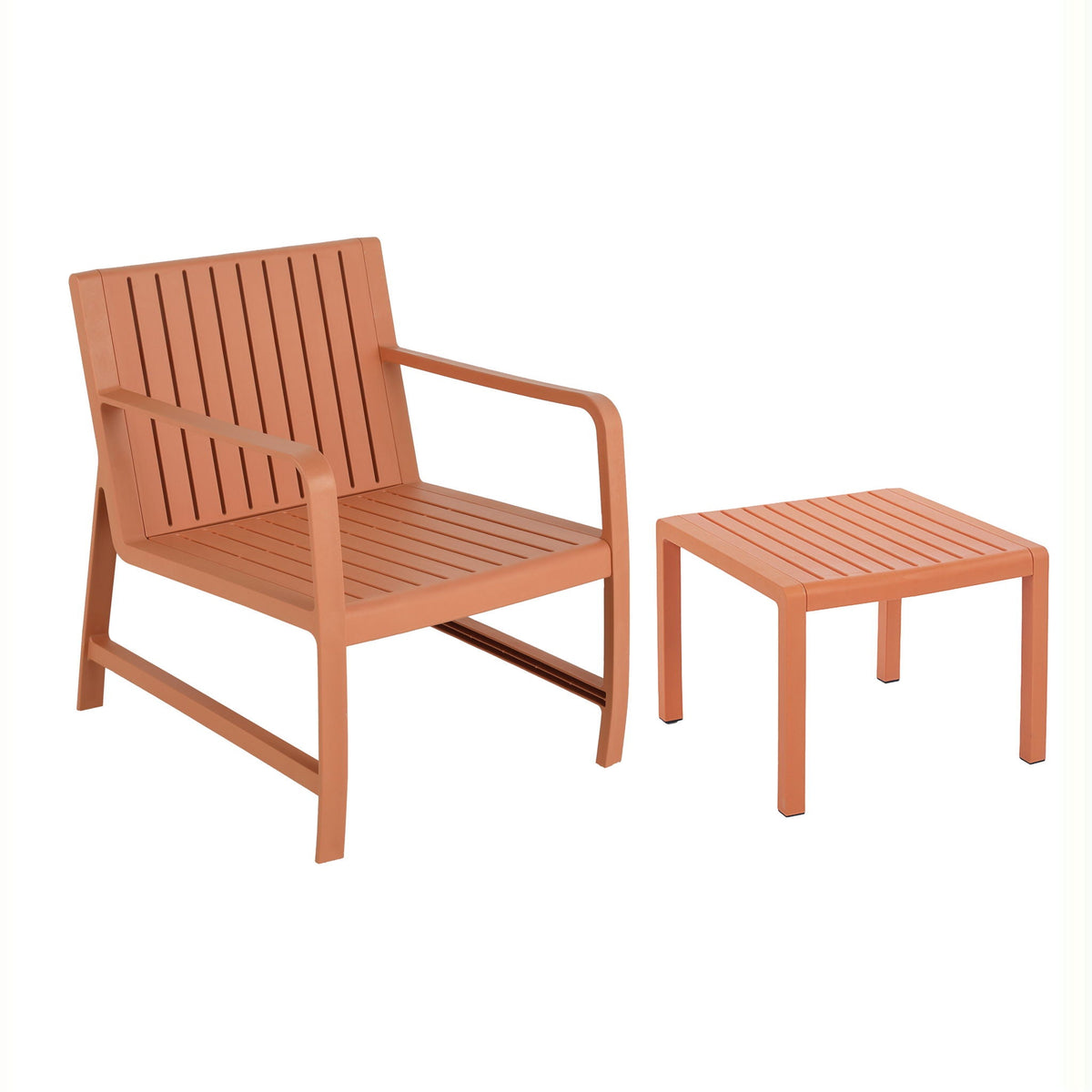 Waterproof orange 2-piece outdoor patio set: slatted chair with arms and square table on Tampa Home & Garden Store