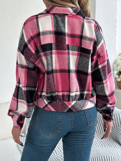 Classic Plaid Long Sleeve Jacket Women by Stevvex, pink plaid cozy jacket back view on Tampa Home & Garden Store