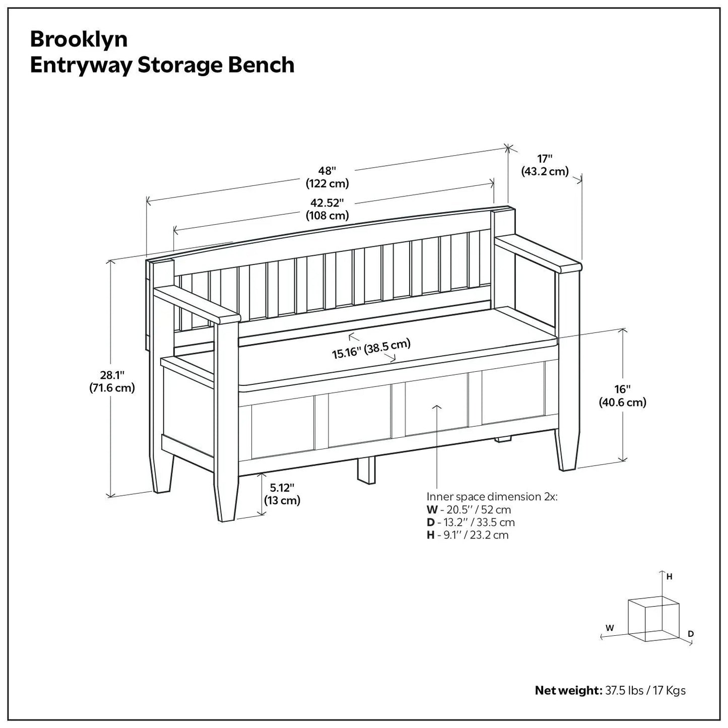 Brooklyn Handcrafted Entryway Storage Bench line diagram with dimensions by Unique Piece Furniture on Tampa Home & Garden Store