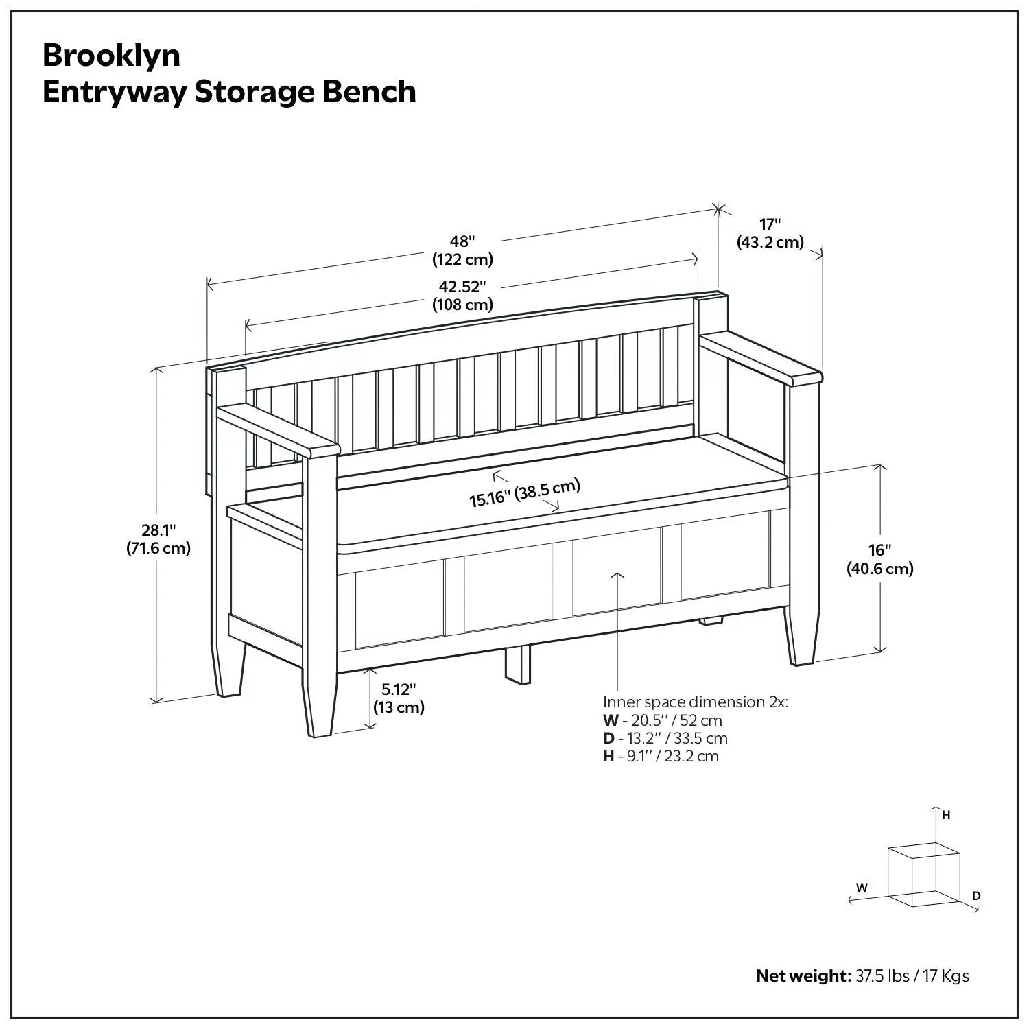 Brooklyn Handcrafted Entryway Storage Bench line diagram with dimensions by Unique Piece Furniture on Tampa Home & Garden Store