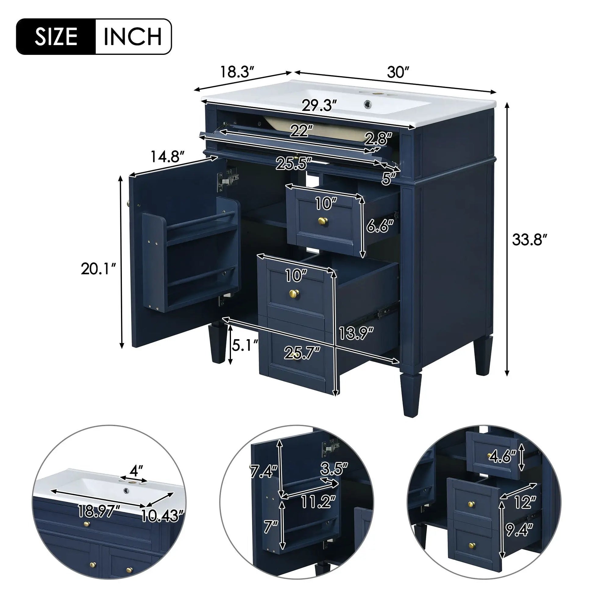 Vanity with white top sink navy blue cabinet 2 drawers tip-out drawer by Unique Piece Furniture on Tampa Home & Garden Store