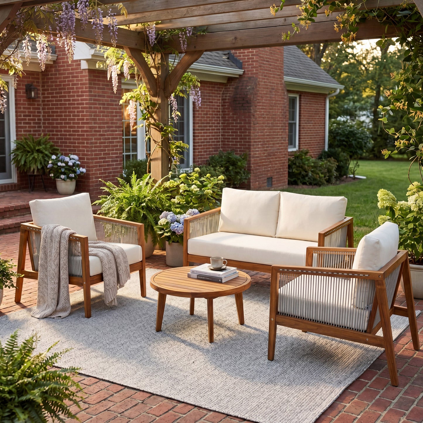 4 Piece Acacia Wood Sofa Set and Rope Detail