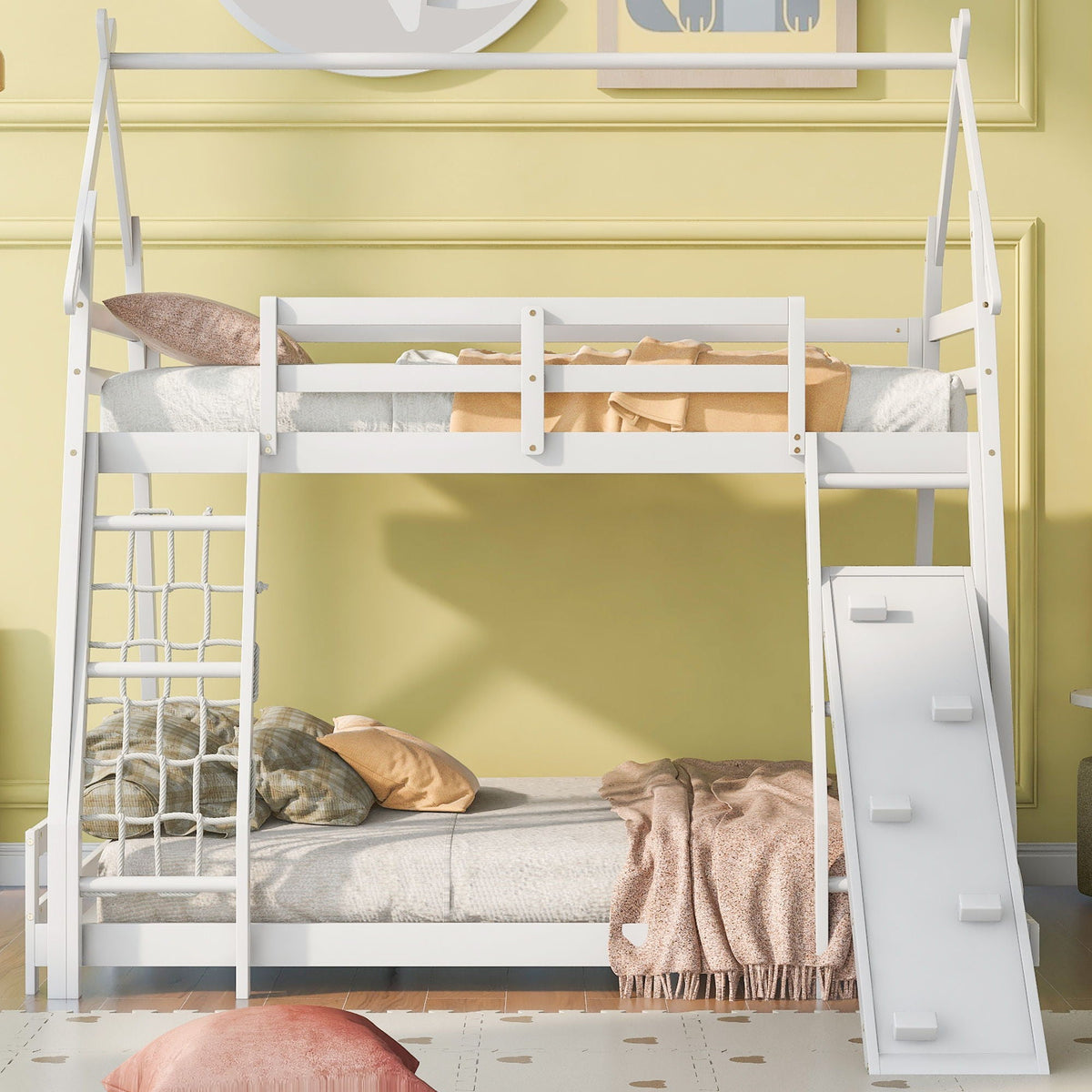 White twin over queen bunk bed with climbing nets on left and climbing ramp on Tampa Home & Garden Store