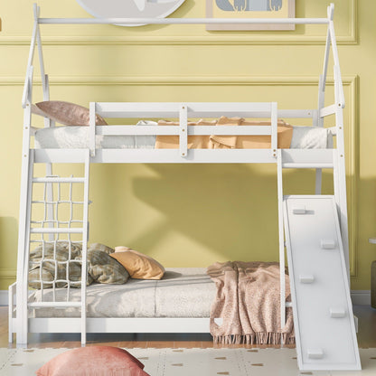 White twin over queen bunk bed with climbing nets on left and climbing ramp on Tampa Home & Garden Store