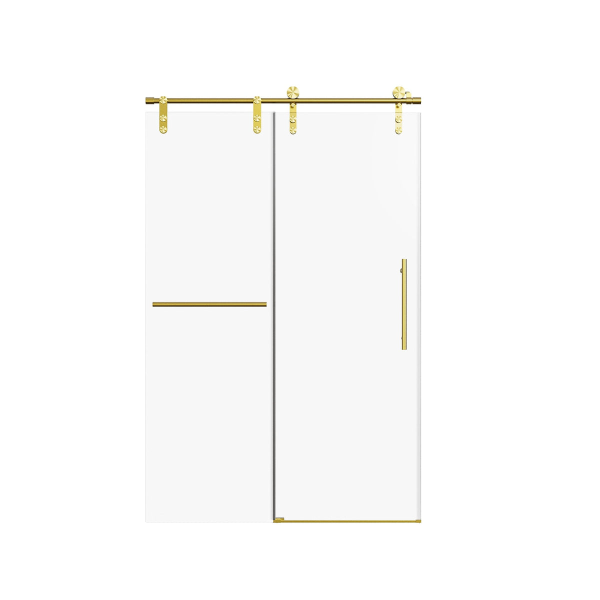 Frameless single sliding shower doors with gold hardware towel rail and handle on Tampa Home & Garden Store