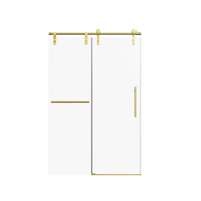 Frameless single sliding shower doors with gold hardware towel rail and handle on Tampa Home & Garden Store