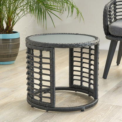Achill Boho Wicker Side Table with Glass Top