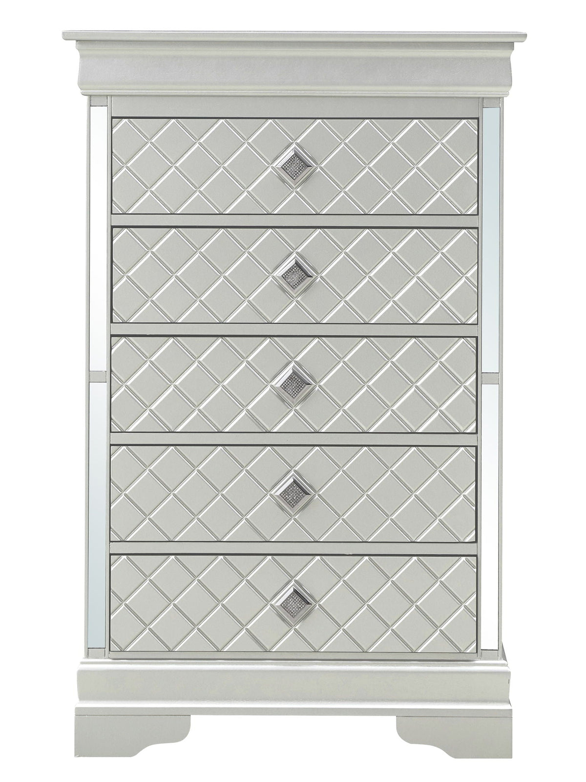 Embossed X Design Accent Chest with crystal pulls, pearl silver finish, 5-drawer by HouseOfZazla on Tampa Home & Garden Store