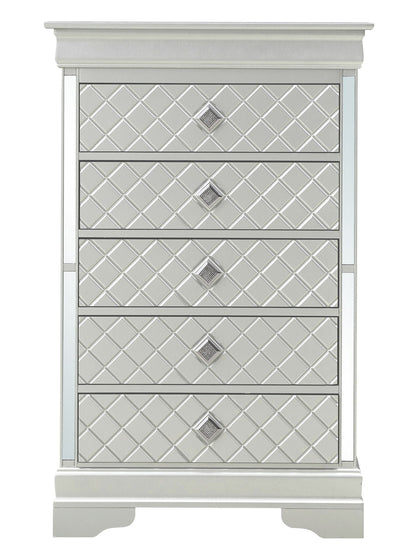 Embossed X Design Accent Chest with crystal pulls, pearl silver finish, 5-drawer by HouseOfZazla on Tampa Home & Garden Store