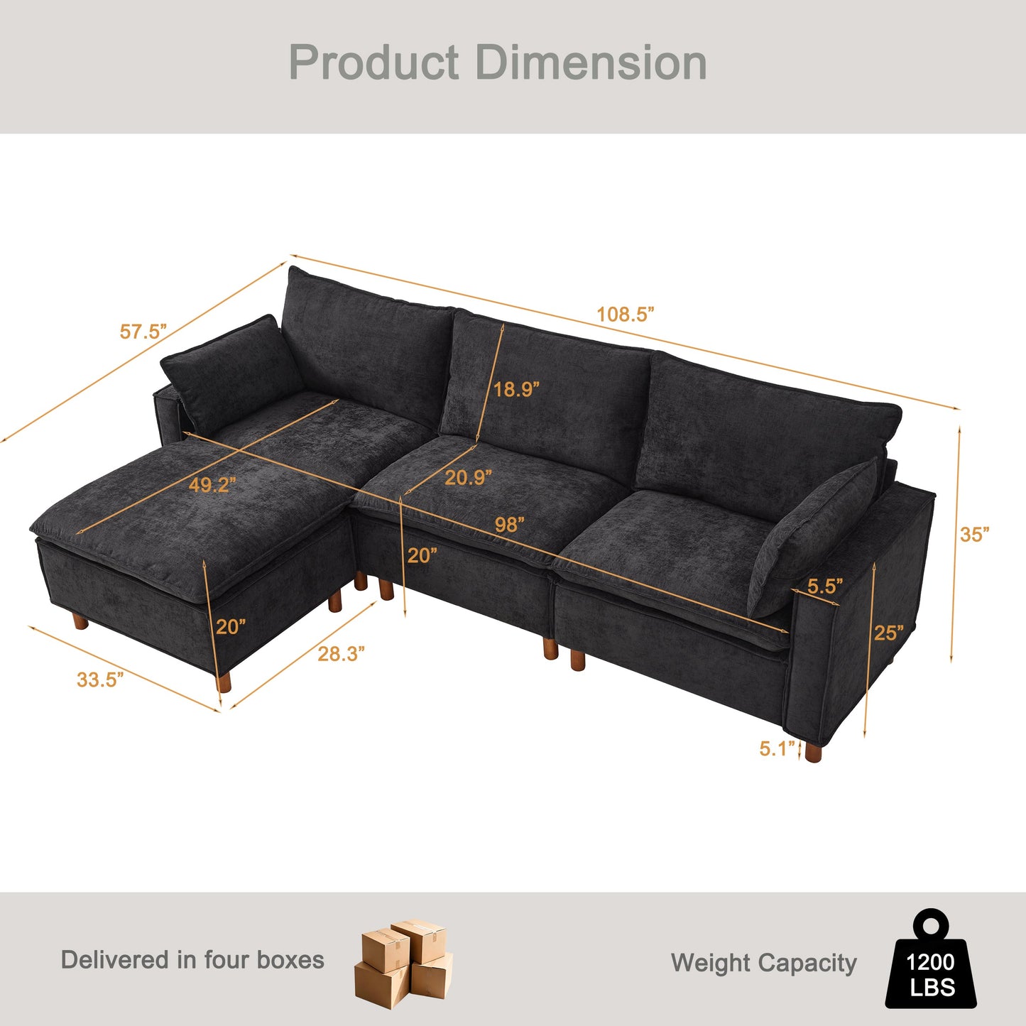 HouseOfZazla 108.5in modular L-shaped sectional with movable ottoman in dark gray velvet on Tampa Home & Garden Store